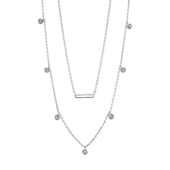 Rise&Shine Unwritten Silver Plated Cubic Zirconia Bar Duo Necklace Beaded Chain - Picture 1 of 2